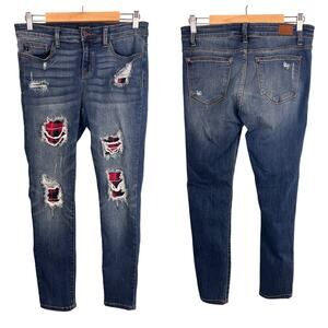 Judy Blue Womens 11/30 Skinny Distressed Buffalo Plaid Patch Grunge Holiday Jean